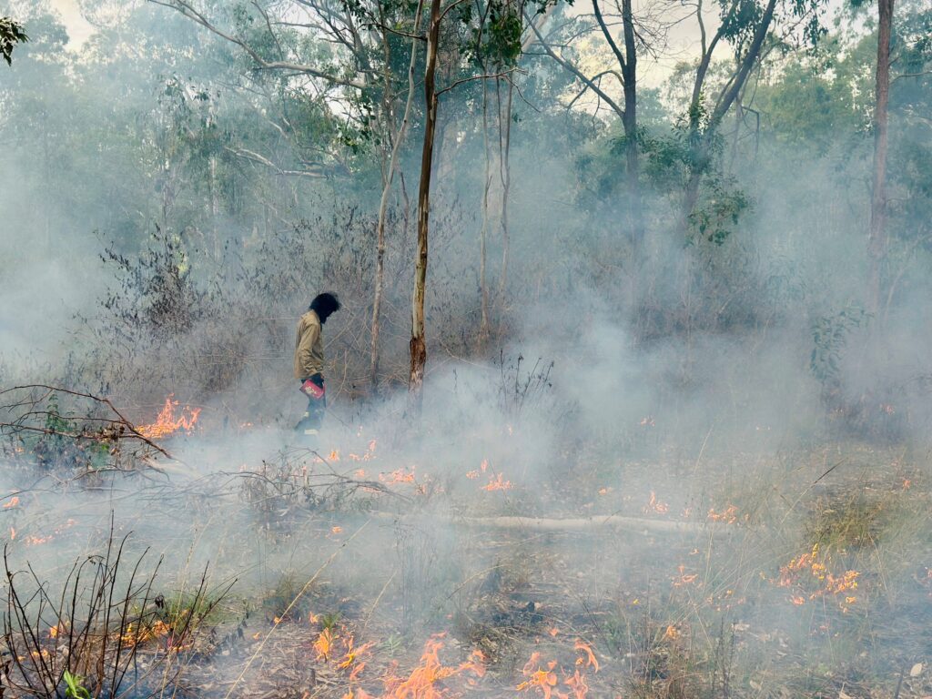 A Western Bundjalung man burns his Country in his cultural ways.